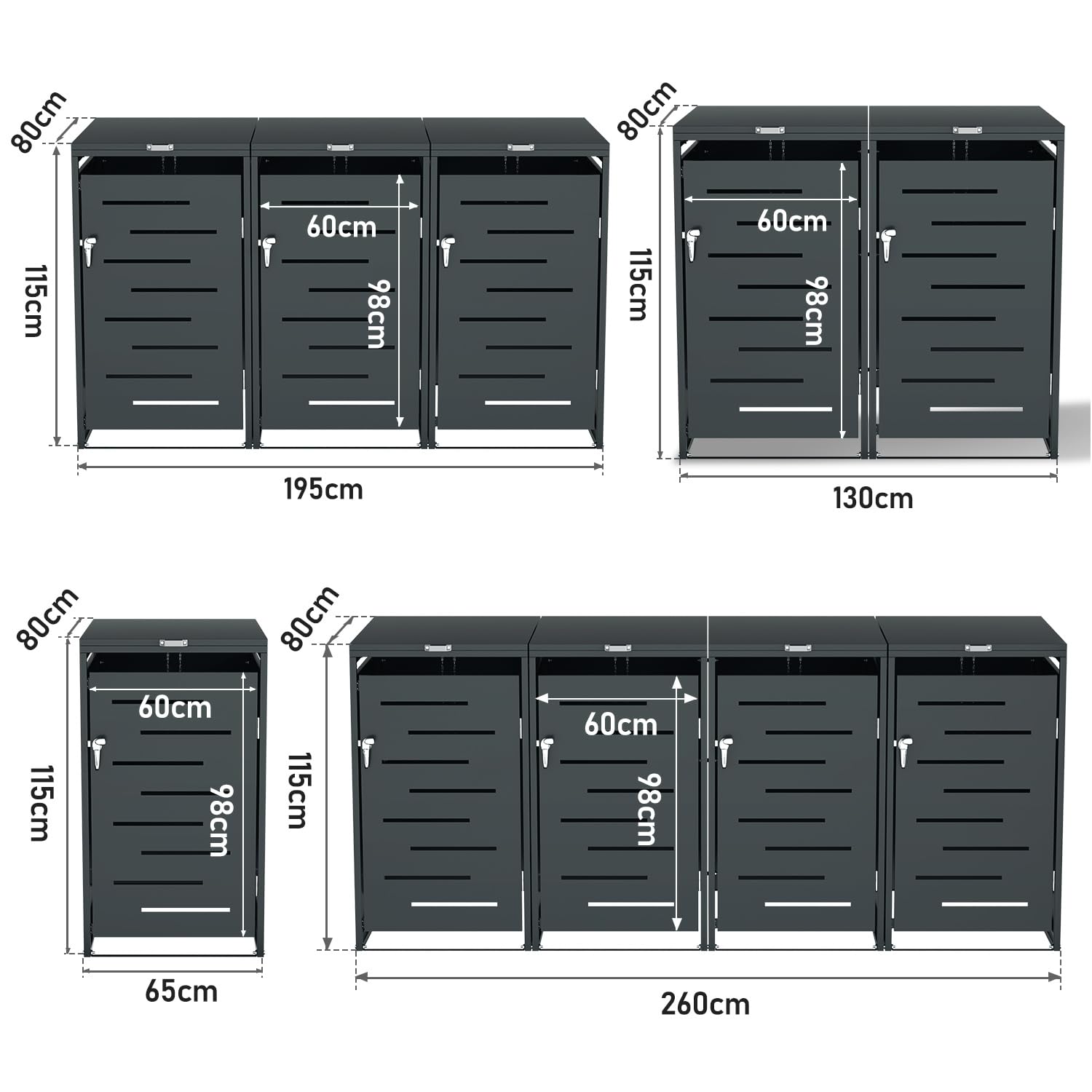 Lot de 2 cache-poubelles en métal pour poubelles de 120 l/240 l, résistant aux intempéries, verrouillable, avec vérins à gaz et chaînes de couvercle, anthracite
