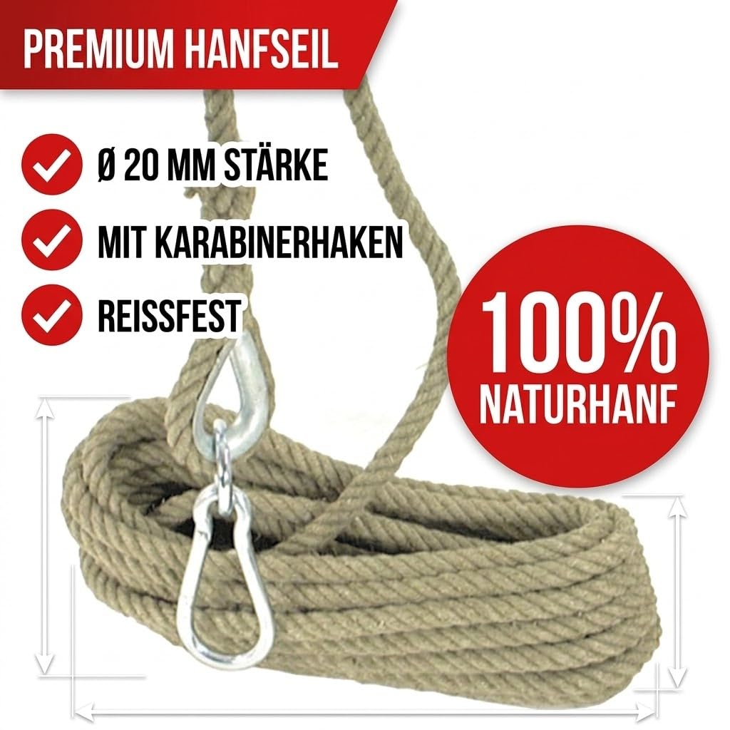 Hanf-Eimerseil Ø 20mm mit Karabinerhaken | BAU-Aufzug-Seil aus Naturhanf | Griffiges Hebe-Seil für Baustelle | Lastenseil, Zugseil, Handseil & Flaschenzug(10m, 20m, 30m, 40m) (100, Zentimeter)