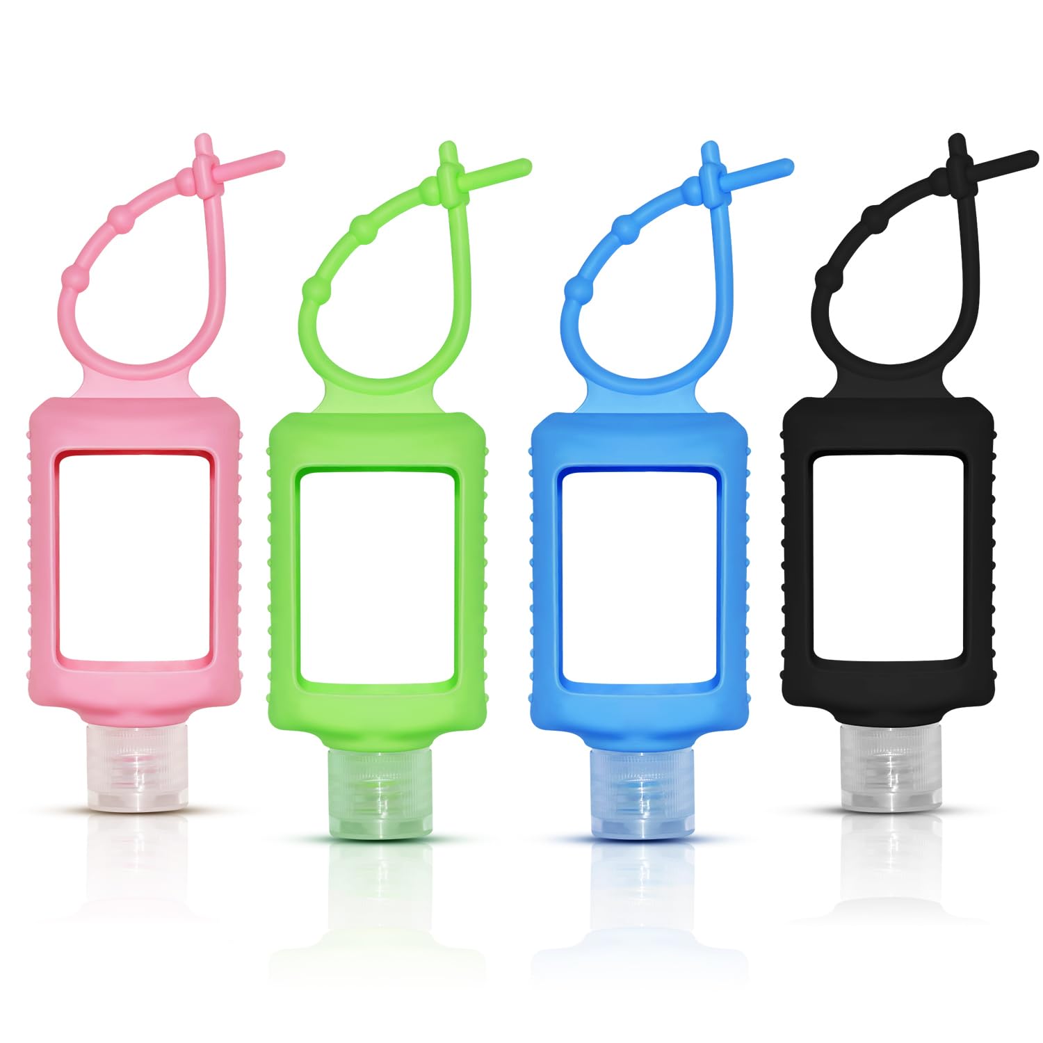 JRINYE 4 Pack Travel Size Bottles with Silicone Keychain Empty Hand Sanitizer Holder Refillable Squeeze Containers Leakproof Flip Cap Plastic Bottles Travel Essentials for Backpack (60ml / 2oz)