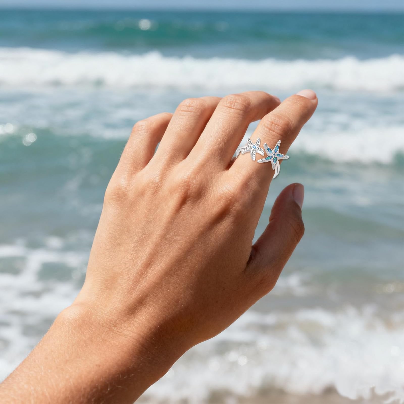 KZX Anillo de plata de ley 925 con apertura ajustable, diseño de estrella de mar, loto, tortuga marina, libélula, búho, joyería de animales, regalos para mujer, One Size, Plata de ley, Sin piedra