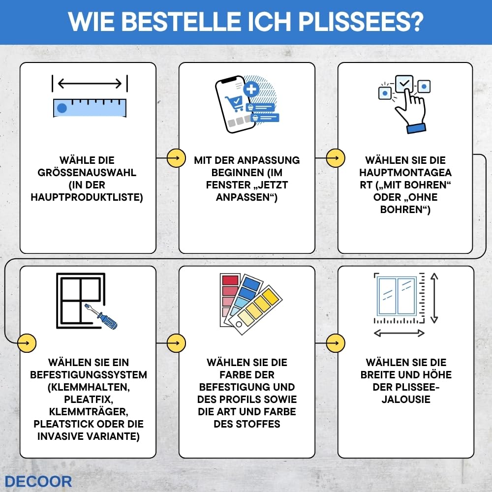Plissee nach Maß, ohne/mit Bohren, Breite 120-160 cm, Höhe 120-219 cm | 6 Stofftypen, 31 Farben, 12 Profilfarben, Sichtschutz, Thermo, Verdunkelung, Wabenplissee, für Fenster und Tür