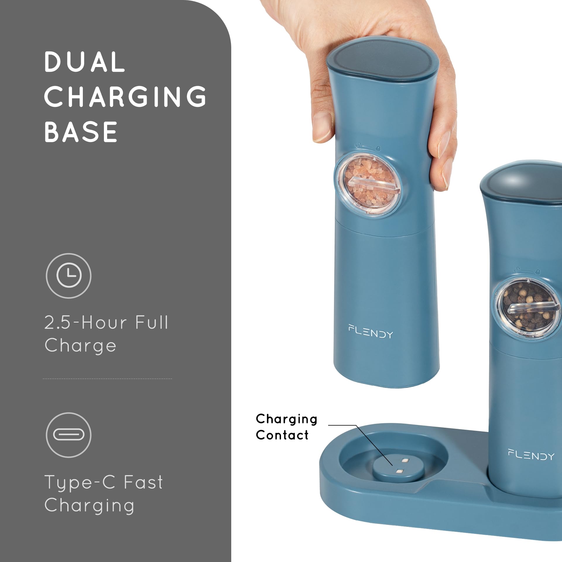 Flendy Schwerkraft elektrische Salz und Pfeffermühle Set, 2er-Set Wiederaufladbare elektrische Salz und Pfefferstreuer mit USB-C Ladestation, Gewürzmühle elektrisch für trockene Gewürze