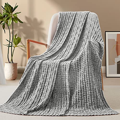 RUDONG M Dark Grey Chenille Knit Throw Blanket Cozy Soft Cable Knitted Blankets Warm Chenille Knitted Blanket for All Seasons Textured Fluffy Throw Blanket for Couch Bed Sofa 50x 60