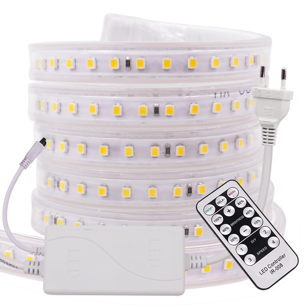 220V Tira LED Flexible Regulable [25m,Blanco Cálido 3000-3500K], IP67 Impermeable, SMD2835, CRI85+, Se puede cortar una vez cada 1m, Iluminación Decorativa Hogar/Tienda