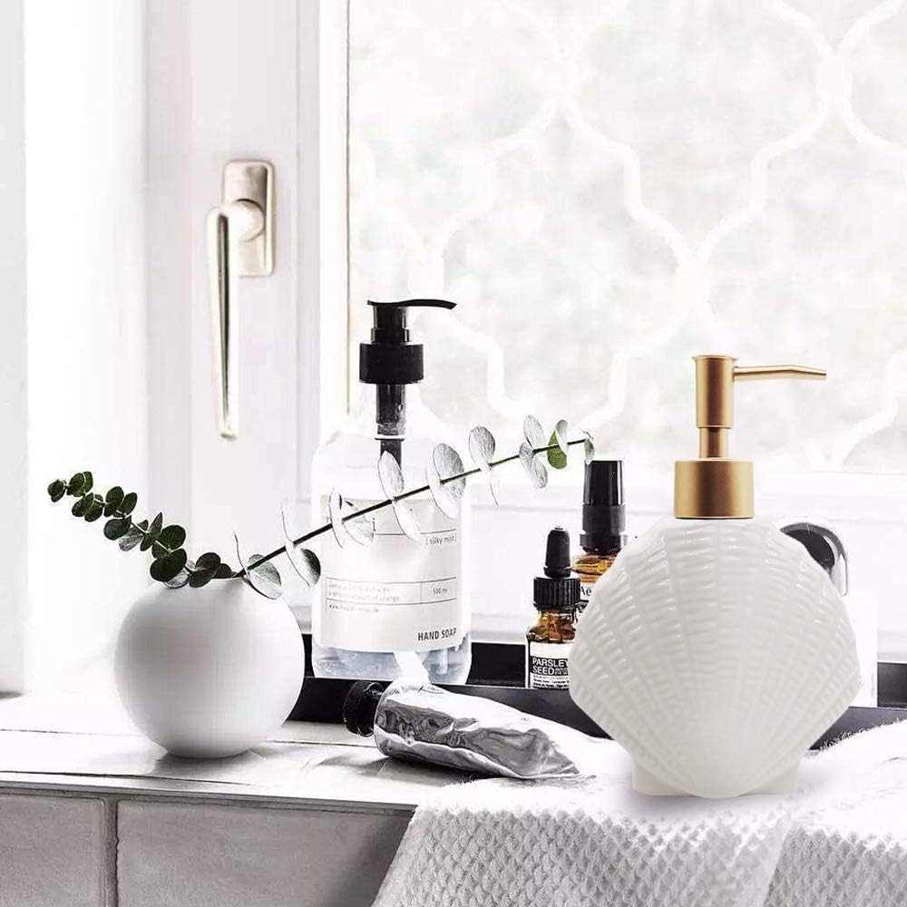 Shell-Shaped Soap Dispenser, White Ceramic Lotion Bottle with Gold Pump
