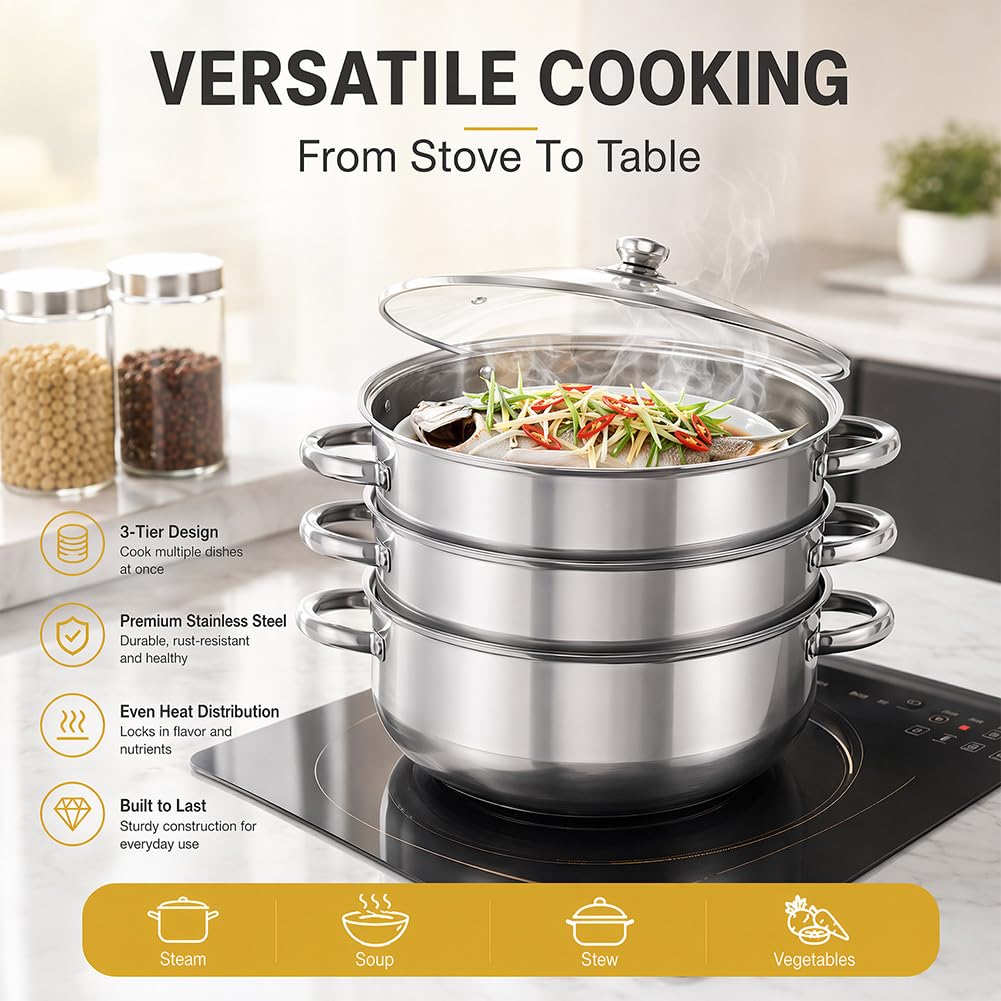 CEWROM Vaporera para cocinar al vapor, 28 cm, acero inoxidable, con inserto de vapor, 3/4 pisos con tapa de cristal para cocinar verduras, mariscos, sopas, guisos y pasta (4 niveles)