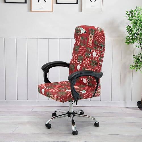 Miniatura 5 de Funda para silla de oficina de Navidad, universal, extraíble, lavable, antipolvo, con estampado de Papá Noel, renos, copos de nieve, estrellas