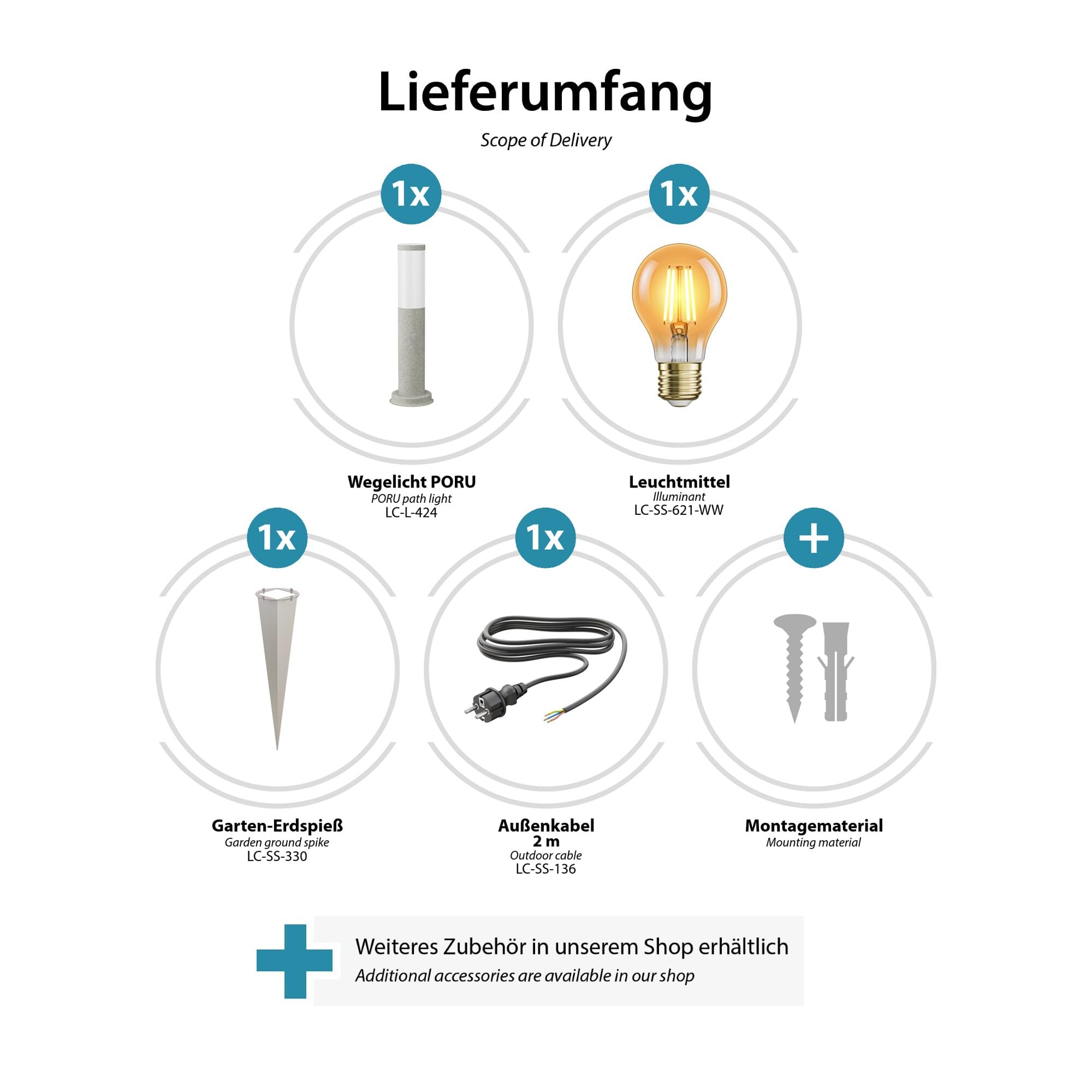 ledscom.de 2x Pollerleuchte PORU mit Erdspieß und 2m Kabel für außen, 39cm, grau (Stein-Optik), inkl. E27 Lampe 471lm, extra-warmweiß