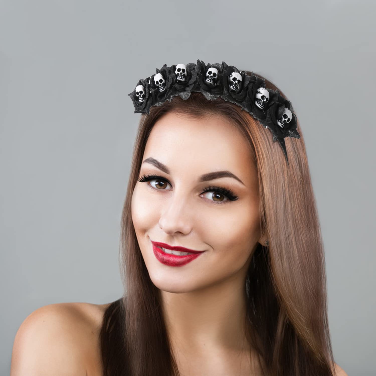 VEYLIN Halloween Hoop,Flower Skeleton Headband for Halloween Party, Black, M - Image 2