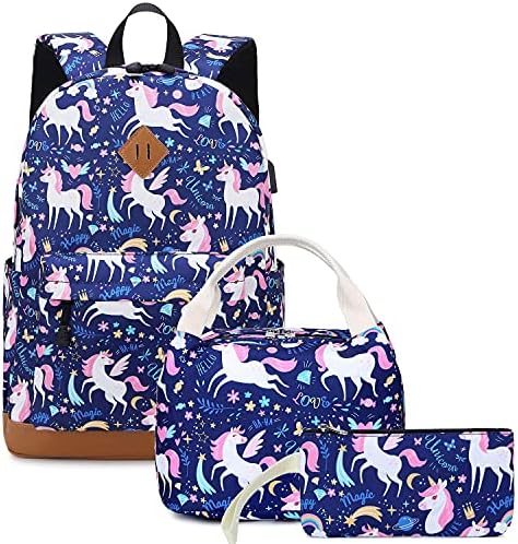 Soekidy Backpacks for Girls Cute Unicorn School Bags Lightweight for 7+ years old Kids School Bags Backpack with Lunch Box and Pencil Case (Blue Unicorn)