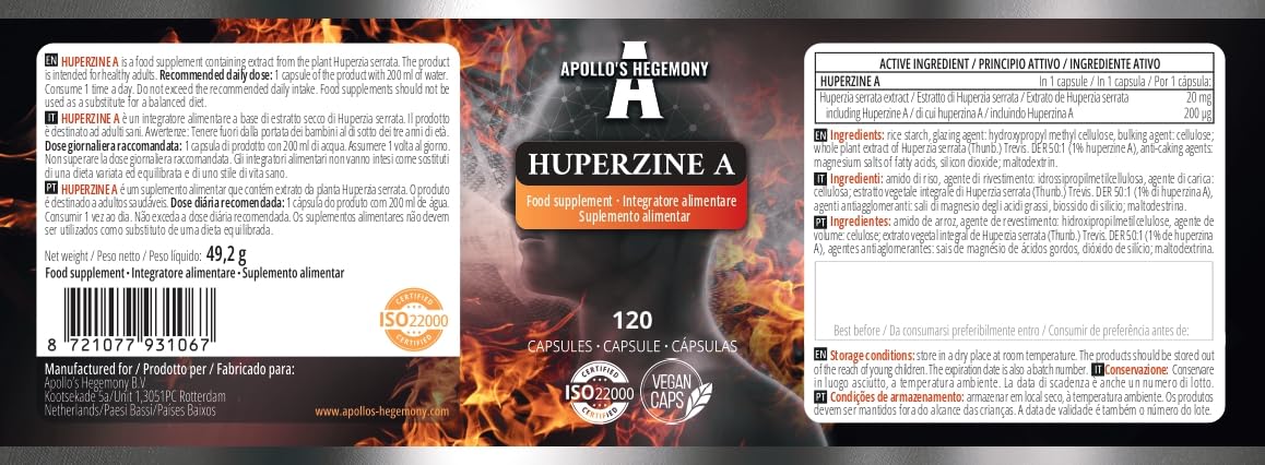 Huperzine A 200 mcg dans chaque gélule - 120 gélules végétaliennes - 4 mois d'approvisionnement pour le soutien cognitif - Huperzia serrata Extract - Diet Supplement by Apollo's Hegemony