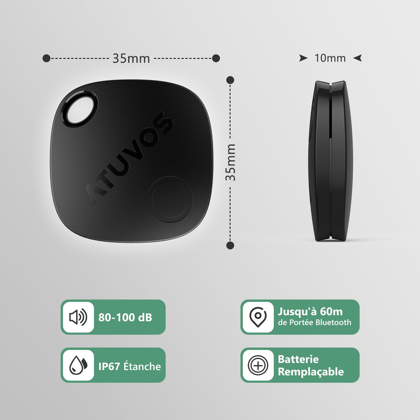 ATUVOS Air Tag Traceur Lot de 4, Fonctionne avec l’app Localiser Apple (Uniquement iOS), Localisateurs D’Objets Bluetooth pour Valises/Portefeuilles/Clés/Sacs/Bagages, Batterie Remplaçable, Noir