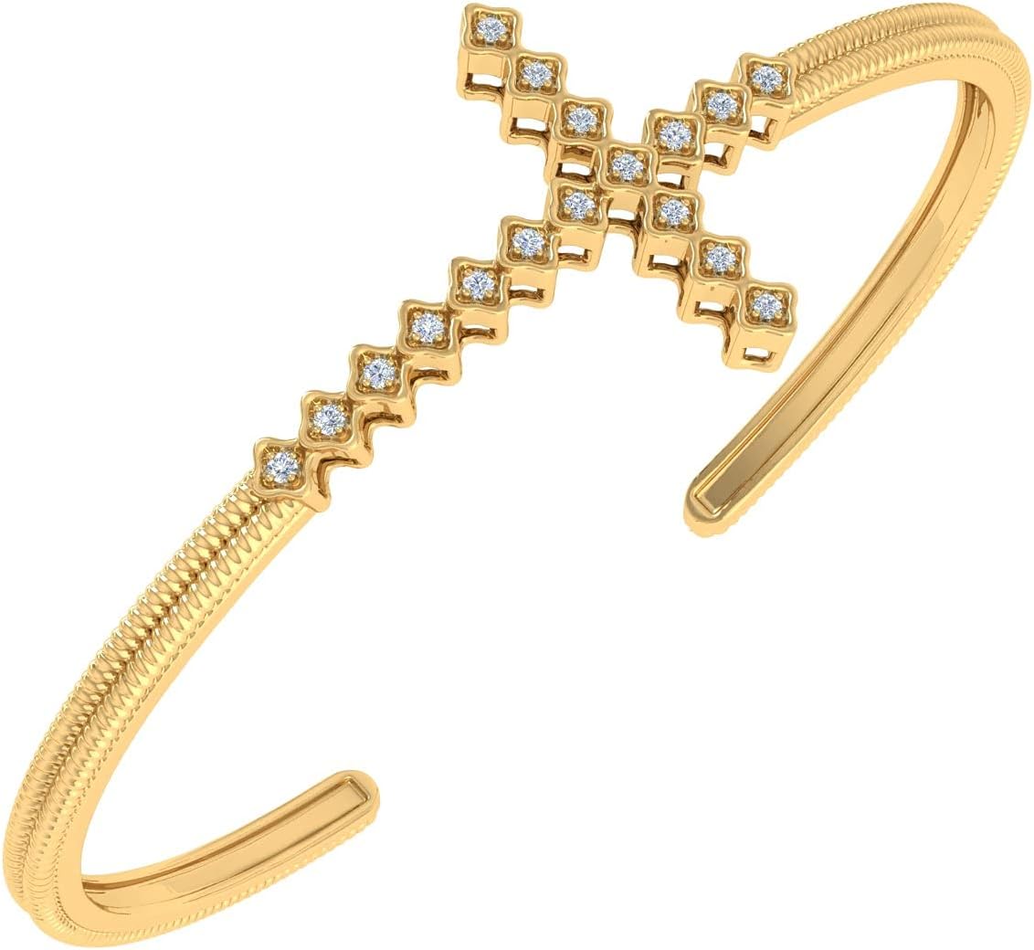 0.15 Carat Natural Diamond Cross Sign Bangle Bracelet for Women in 925 Sterling Silver 18K Yellow Gold Over