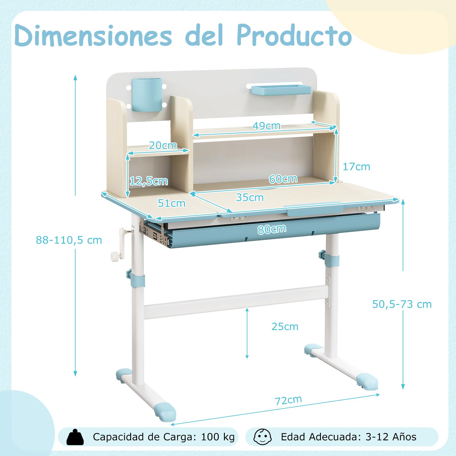 COSTWAY Escritorio de Estudio para Niños, Mesa de Escritura Juvenil de Altura Ajustable con Tablero Inclinable, Aparador, Cajón, Bandeja, Portalápices y Regla de Escala para Niños de 3-12 Años (Azul)