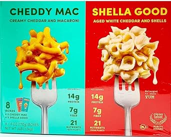 Combo Pack of 4 Cheddy Mac & 4 Shella Good Mac & Cheese, 6oz - 14g Protein, 6g Fiber with Prebiotics, 21 Plant-Based Nutrients and Made w/REAL Cheese! | Clean Label Certified