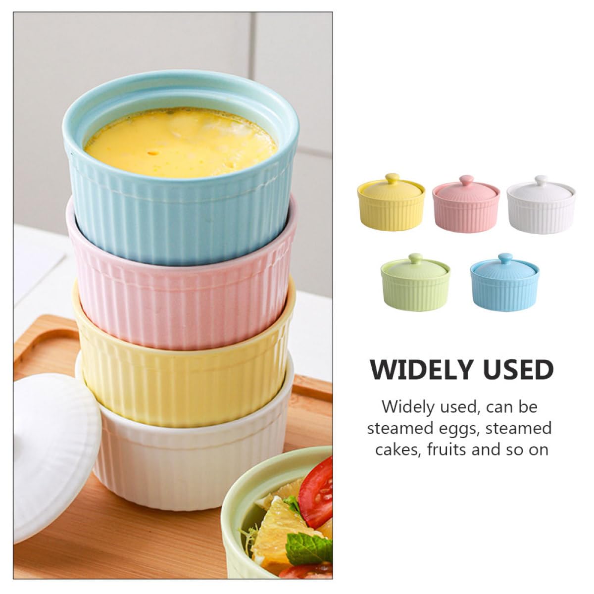 COLLBATH Juego de 5 Tazones de Cerámica para Postres y Pudín con Tapa, Colores Surtidos (,), Aptos para Horno y Microondas, Vajilla Multiusos para Repostería y Cocina Diaria