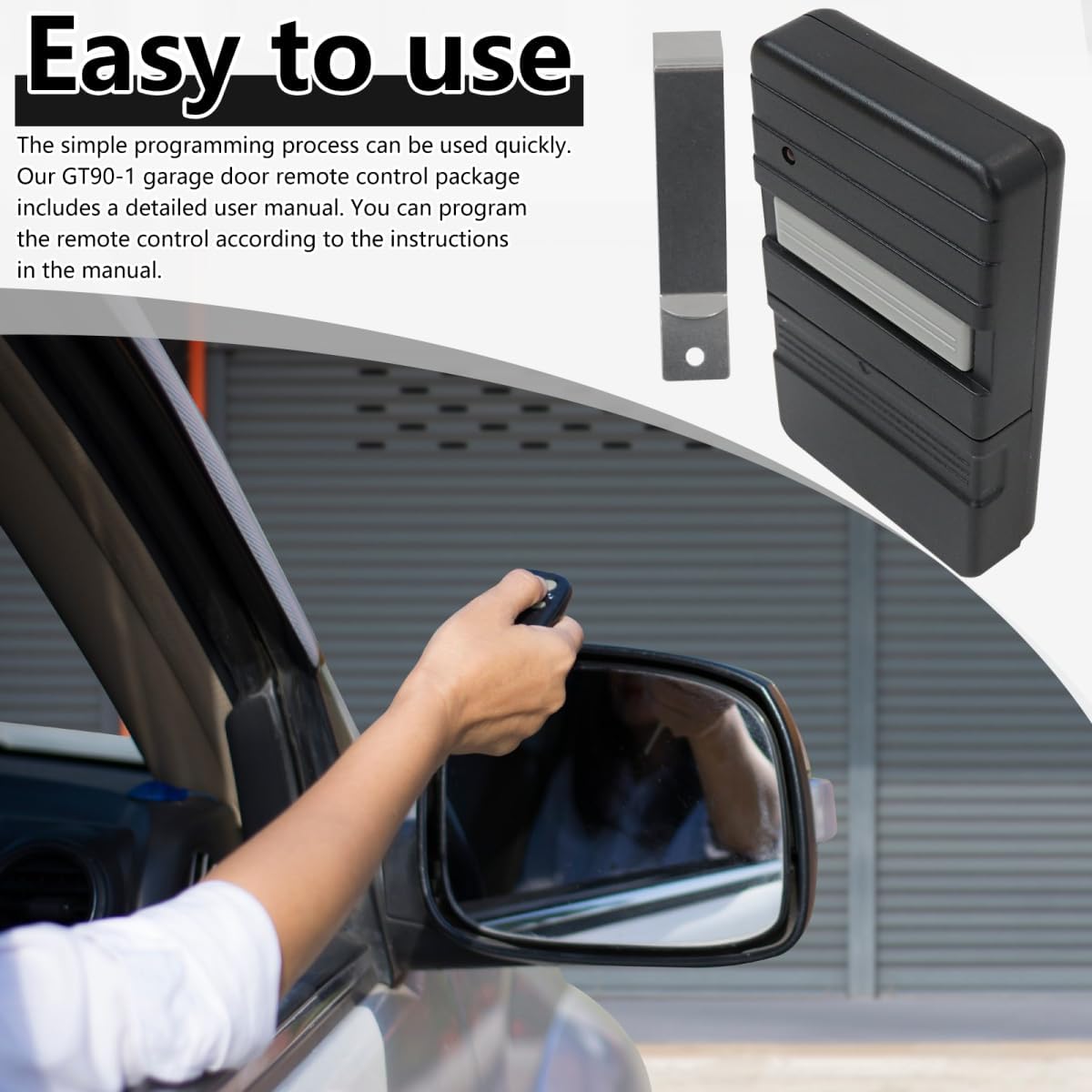 Hand using a garage door remote to open a garage door