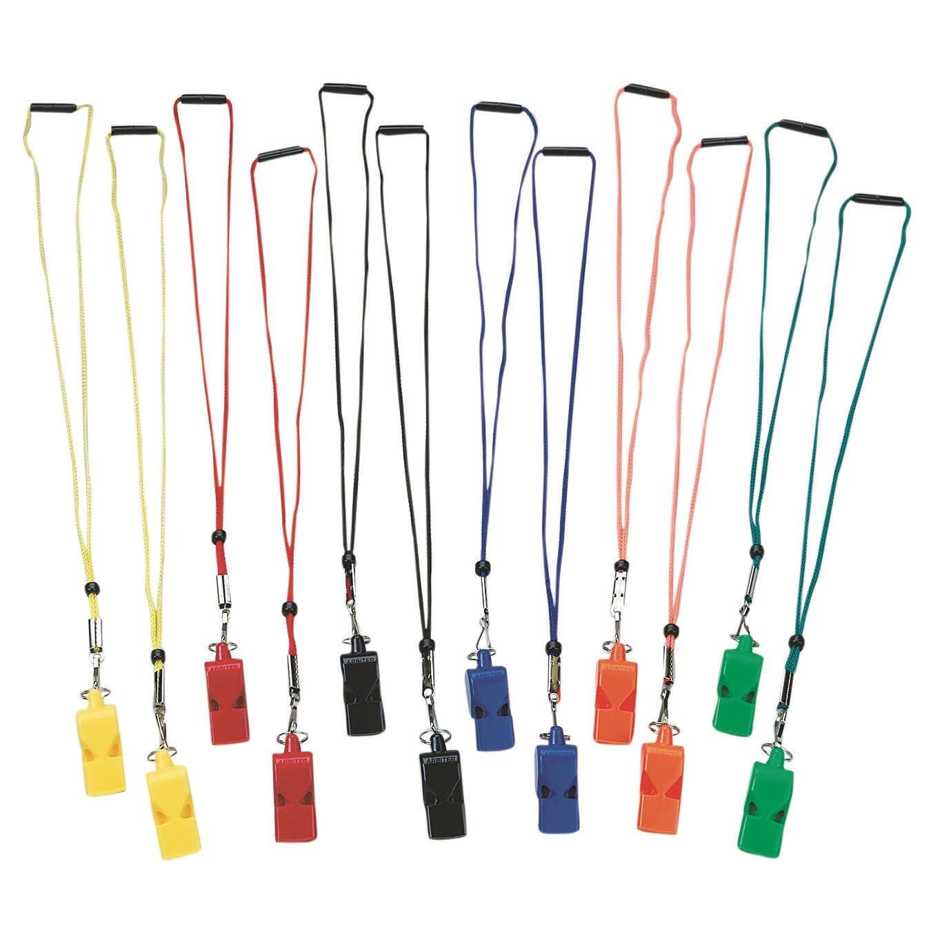 S&S Worldwide Arbiter Pealess Whistle and Breakaway Lanyard. Extremely Loud ABS Plastic Whistles. 2 Each in 6 with Matching Colored Breakaway Lanyards. Set of 12.