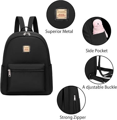 Vista 5 de Cusangel - Mochila pequeña resistente al agua para niñas, mochila pequeña para mujeres, niños, viajes escolares, Negro puro, Mochilas tipo mochila