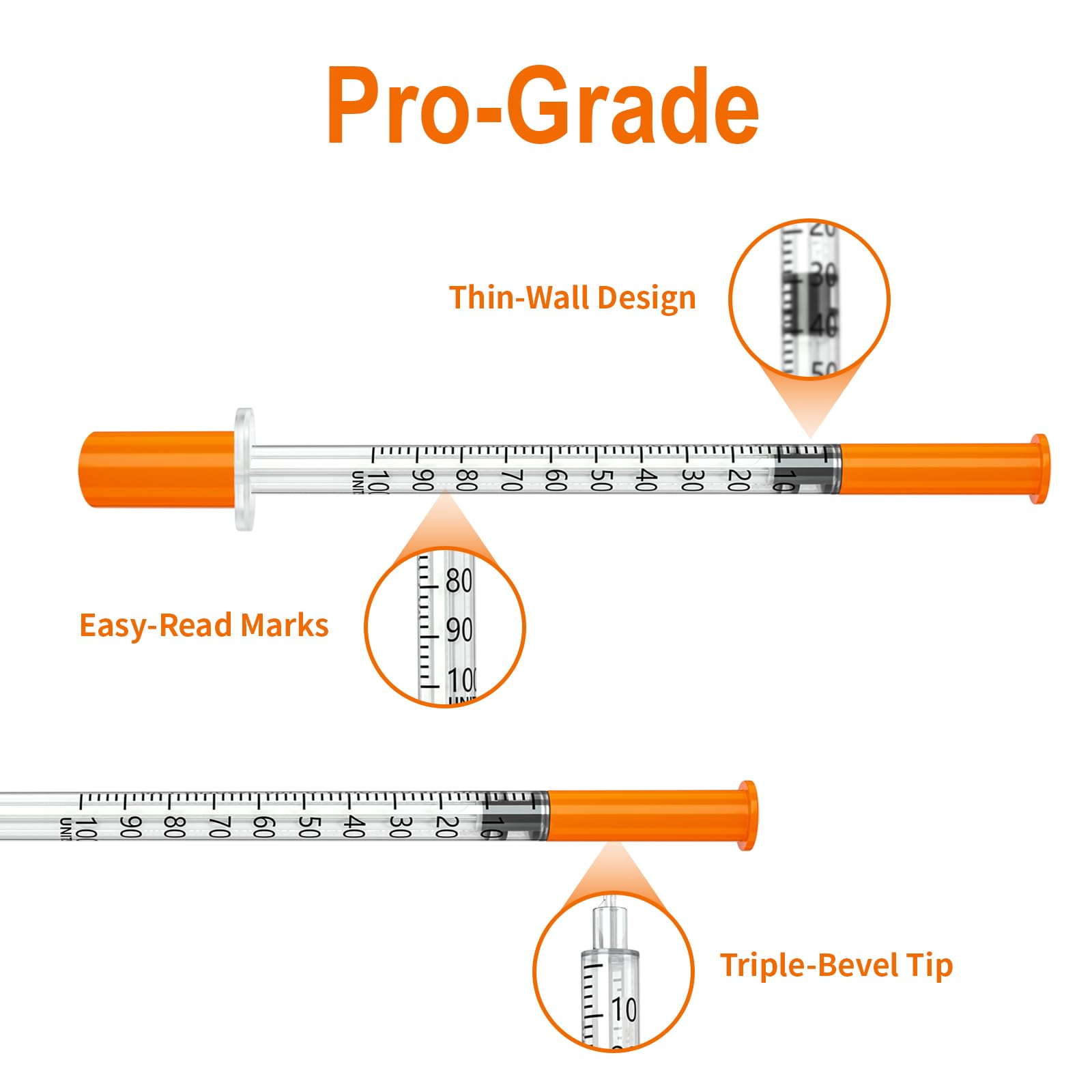 U-100 1ml/cc 30 Gauge 1/2 Inch Syringe, Orange Cap, Smooth Plunger, 100/box — Amazon image 3
