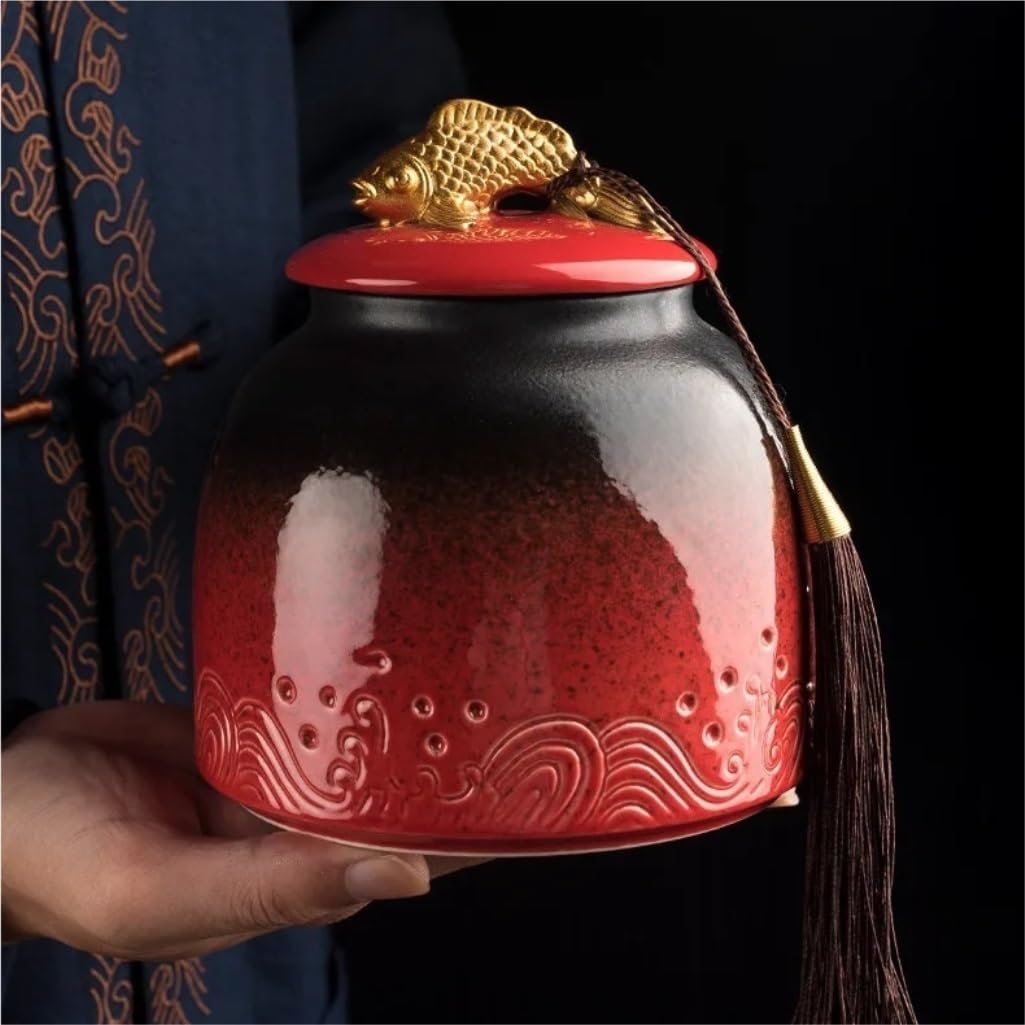 SONGCHAO Sugar Jar Ceramic Storage Jar, Retro Sealed Tea Jar, Creative Wave Silver Fish Shape Tea Jar, Porcelain Jar, Home Decoration Tea Canister (Color : C, Size : 19.2cm)