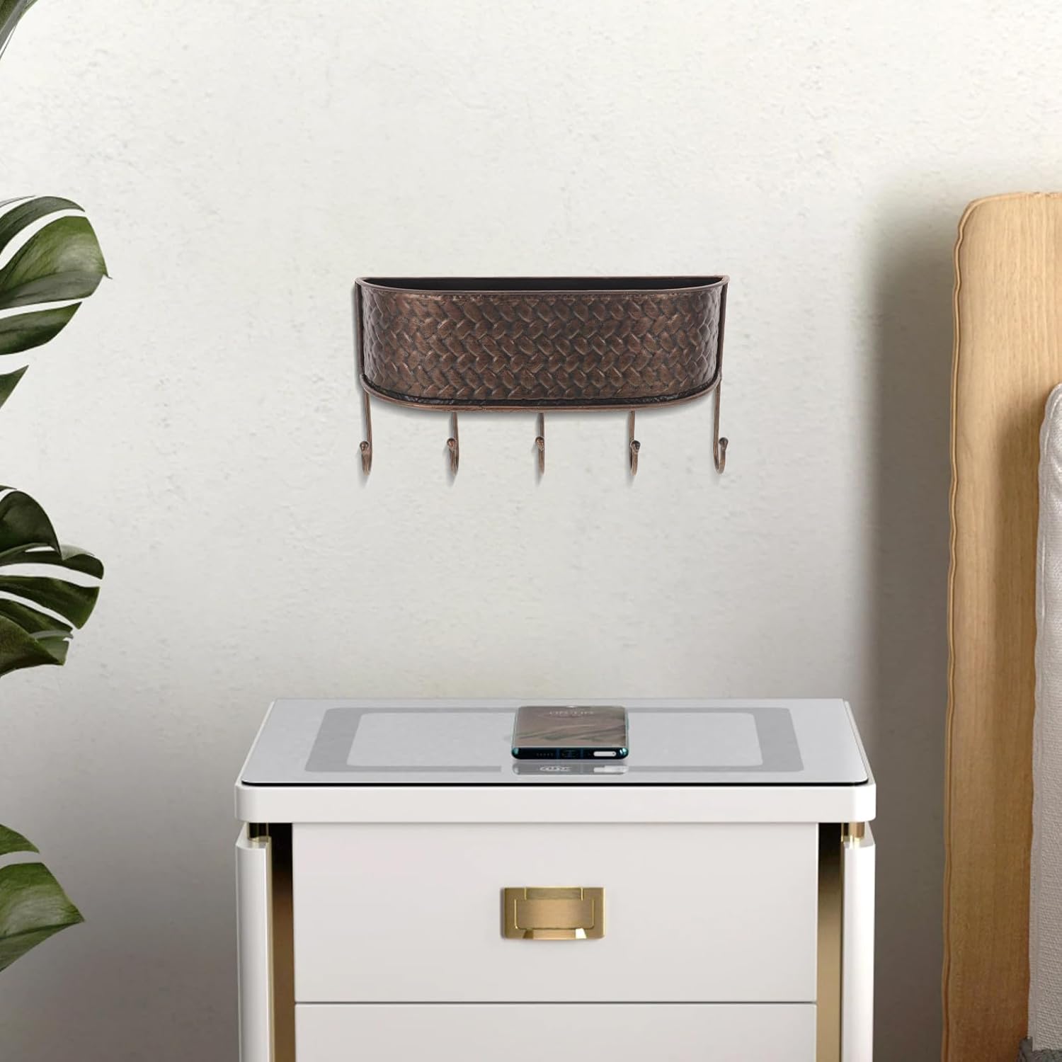 Key and Mail Organizer - Mail Holder Metal Storage Basket - Wall Mount Basket Key Hanger with Hooks for Wall Entryway Home Decor