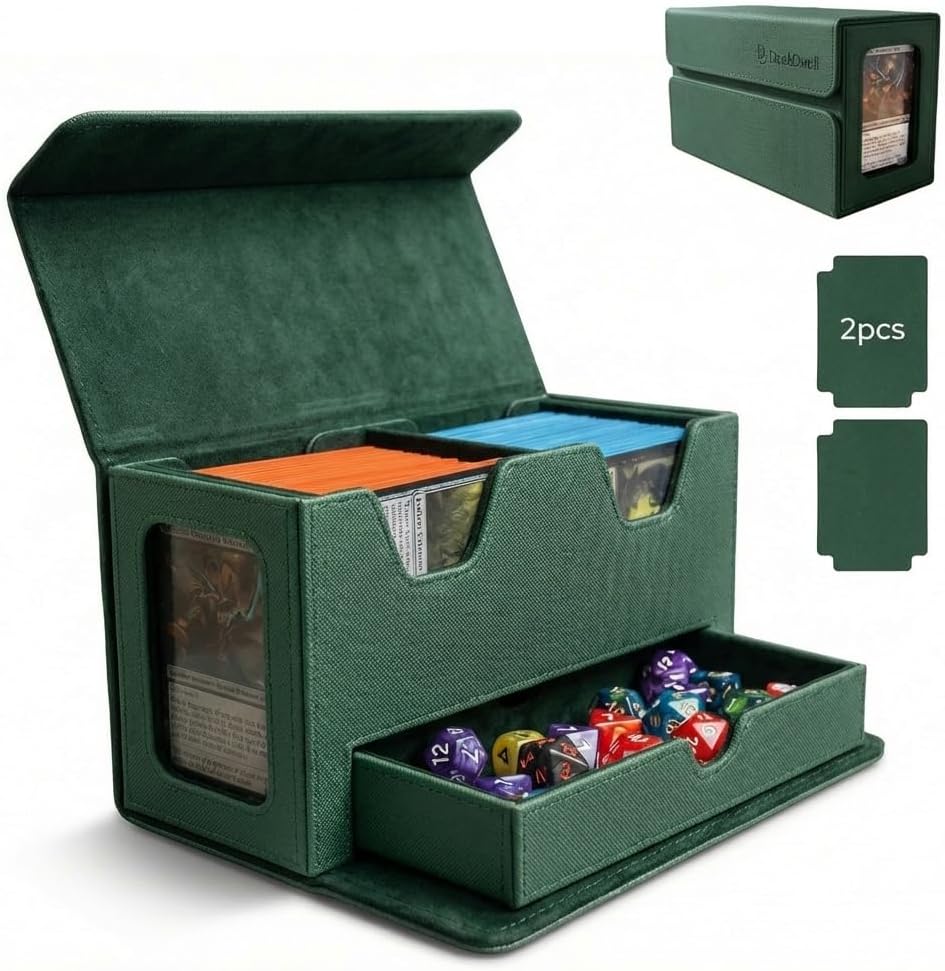 Card Deck Box Fits 200+ Double Sleeved，Commander Deck Box for Magic the Gathering with Dice Tray & Toploader Display,2 Dividers