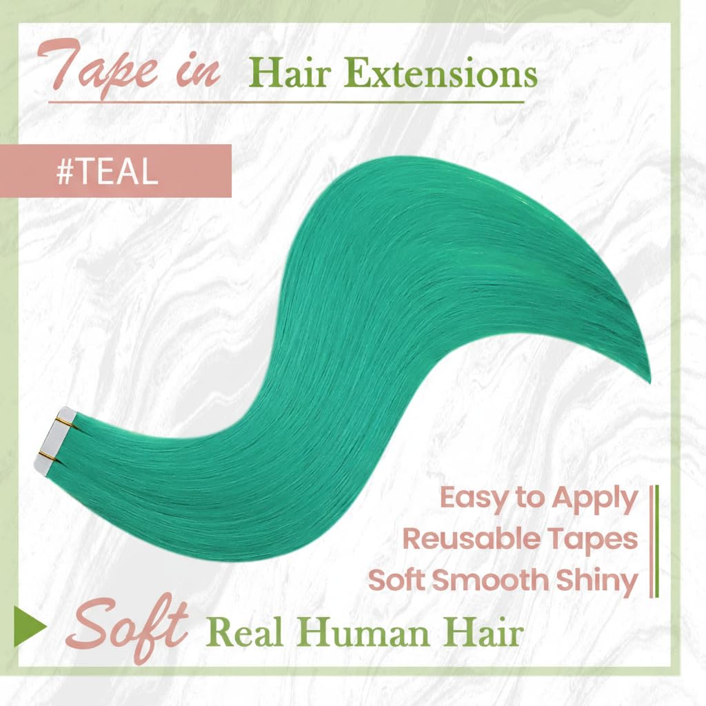 RUNATURE 16 Inch Tape in Hair Extensions Human Hair Teal Tape Hair Extensions Real Human Hair Green Invisible Tapes Hair 25 Gram - Image 3