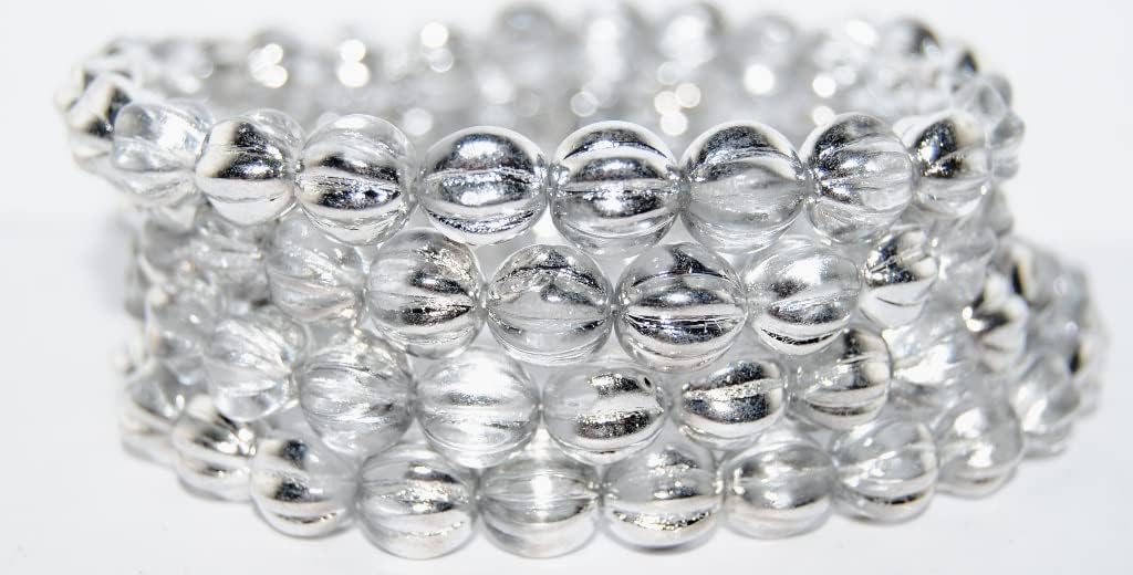 100 pcs Melon Round Pressed Glass Beads with Stripes, Crystal Crystal Silver Half Coating (30 27001), Glass, Czech Republic, Size 10 mm (0.39 in)