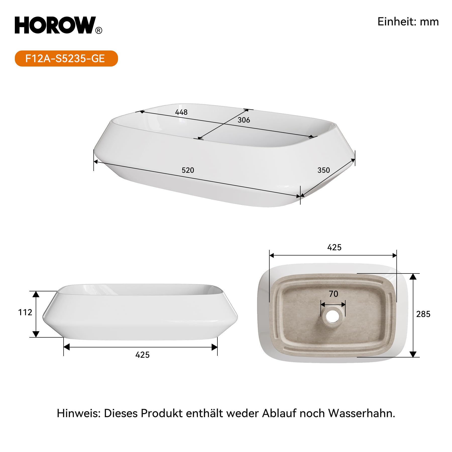 HOROW Lavabo da bagno, bordo sottile, lavabo da appoggio, moderno | Lavabo rettangolare bianco senza foro per rubinetto, piccolo lavandino per ospiti WC bagno, 52 cm