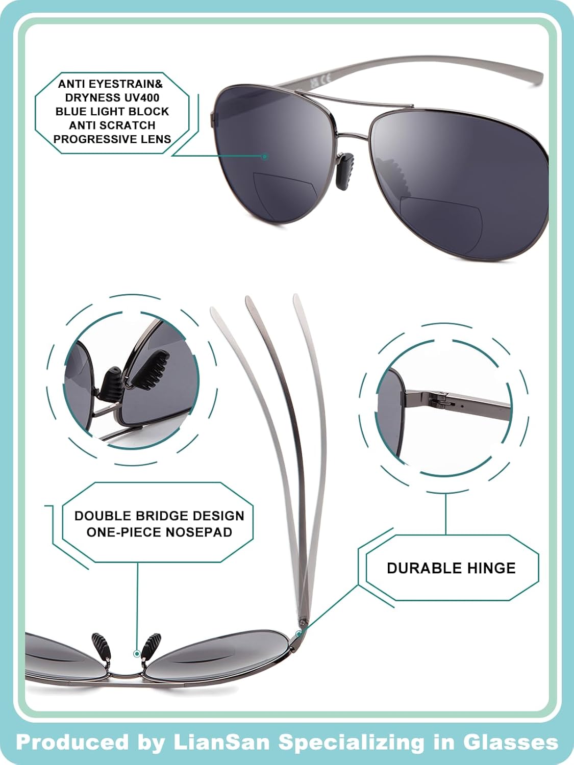 LianSan Premium Aviator Bifocal Reading Sunglasses for Men Women Retro Top Clear Sun Readers UV Protection - Image 6