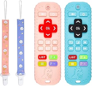 Health joy 2 Pack Silicone Baby Teething Toys, Remote Control Shape Teething Toys for Babies 6-12 Months, BPA Free Baby Teethers Relief Soothe Toys, Baby Chewing Toys for Toddlers - Pink & Blue