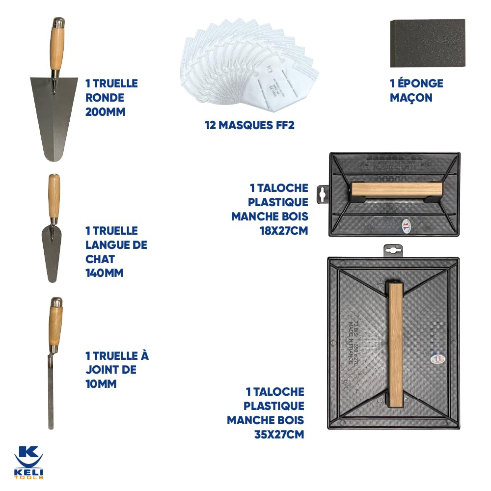 Kit d'Outils de Maçonnerie Caoutchouc & Pose Carrelage, Bricolage, lot de 10 outils - 1x Auge 40L, 2x Taloches, 3x Truelles, 2 Paires de Gants, 1x Eponge de Maçon, 1x Lot de 12 Masques FF2