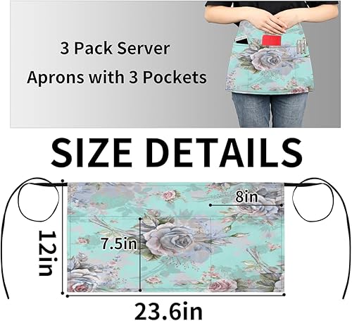 Miniatura 4 de Foldable Rose Bouquet 3 Pack Server Aprons with 3 Pocket Waterproof Womens Half Waist Aprons for Cooking Dishwashing Kitchen Gardening Salon