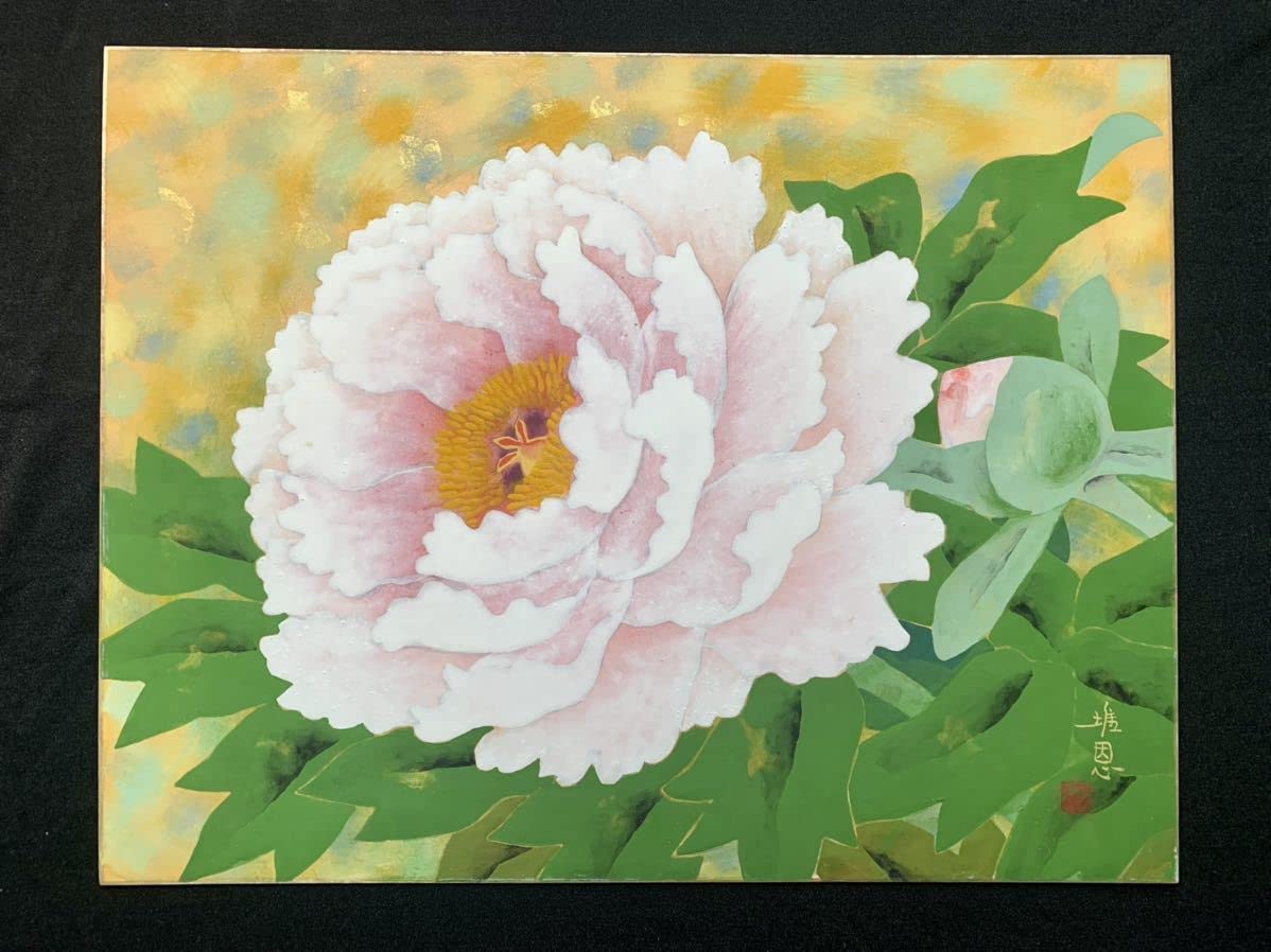 【真作】絵画　橋爪堆恩　日本画（色紙）　華麗なる白牡丹　春の息吹　U175 真作】絵画 橋爪堆恩 日本画（色紙） 華麗なる白牡丹 春の息吹