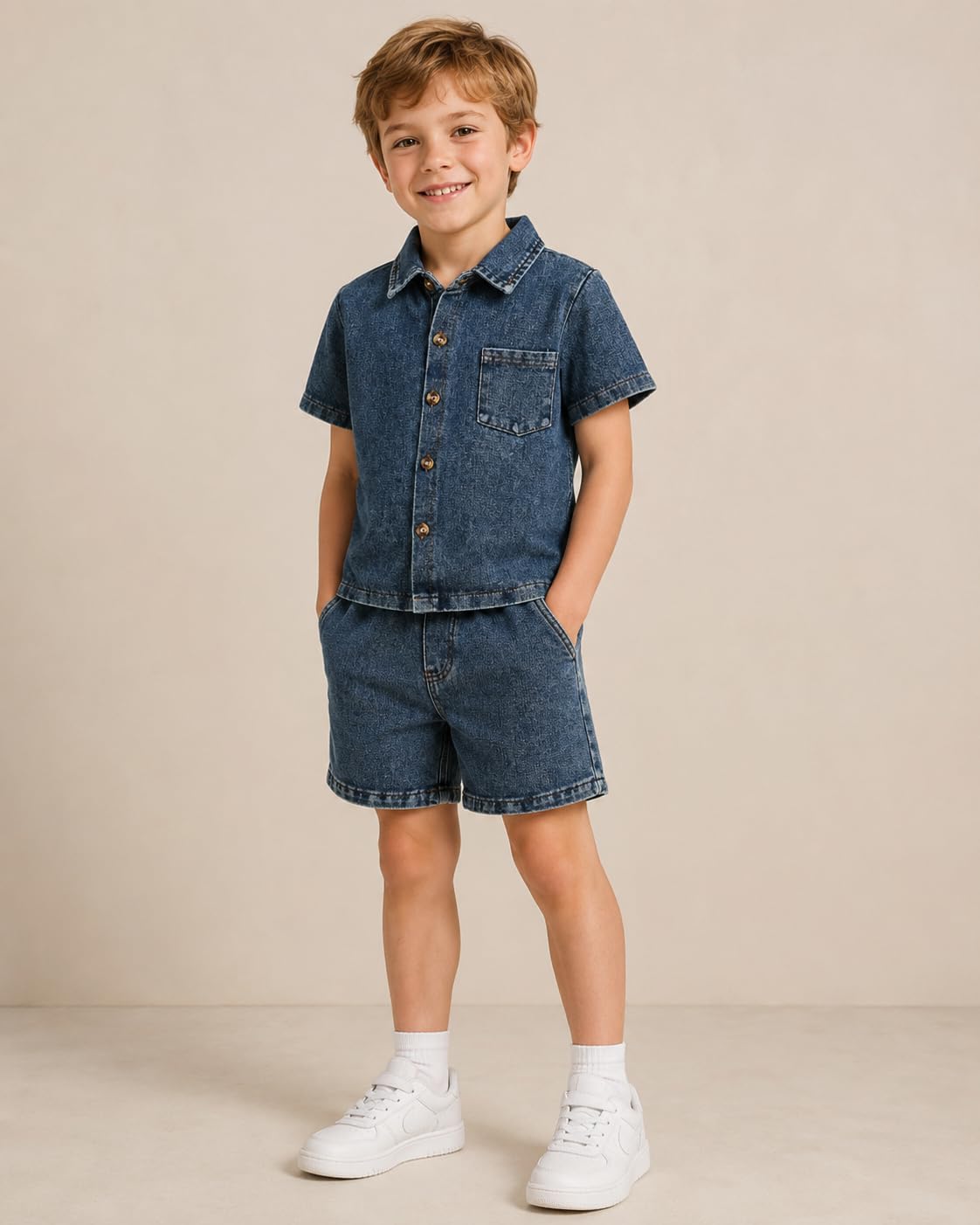 Cakaner Toddler Boy Clothes 2 Piece Short Sleeve Button Down Shirt and Shorts Denim Outfit Set Kids Summer Clothes Size 4-8