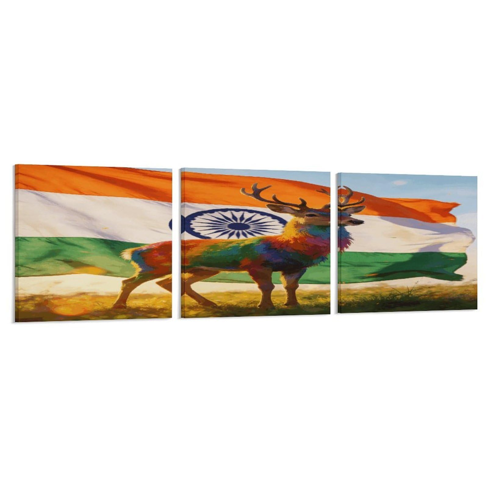 Khauerbc Style Set Of 3 Colorful Deer And National Flag Wall Art，Paintings Artwork For Living Room, Hallway, Bedroom, Office Wall Decor For Living Room, Hallway, Bedroom, Office Paintings Artwork 8X8 Inch