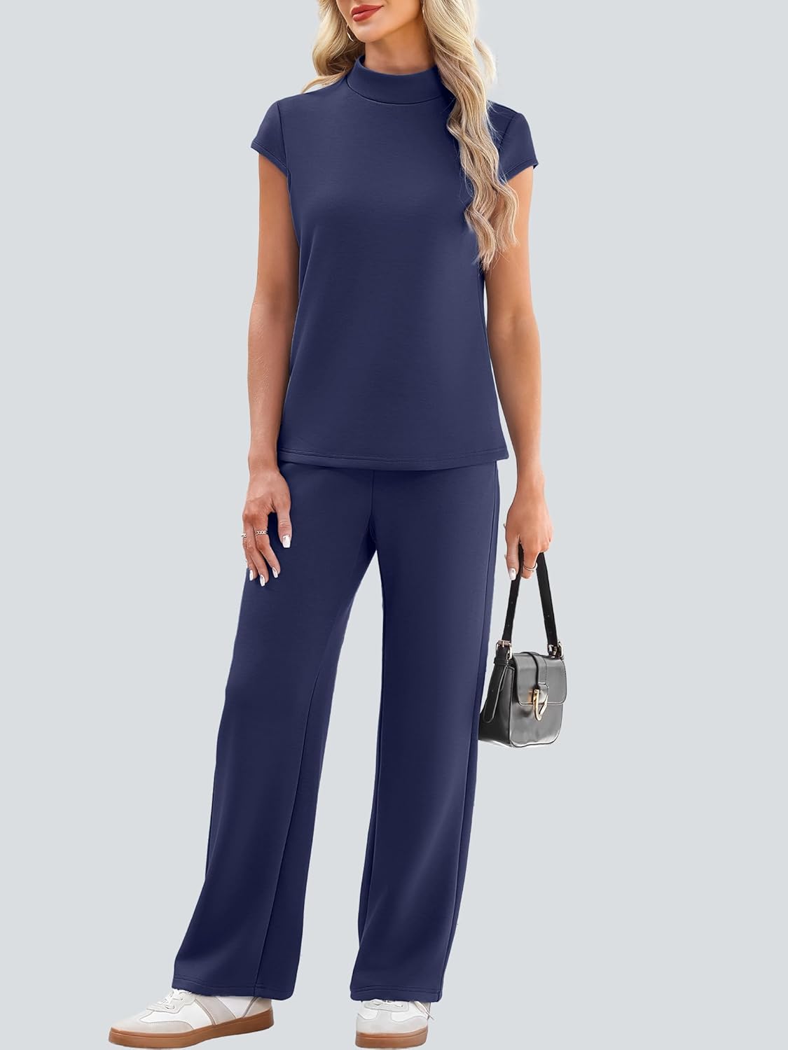 Casly Lamiit Two Piece Sets for Women 2026 Summer Travel Outfits Mock Neck Cap Sleeve Tops Lounge Set Wide Leg Pants - Image 2