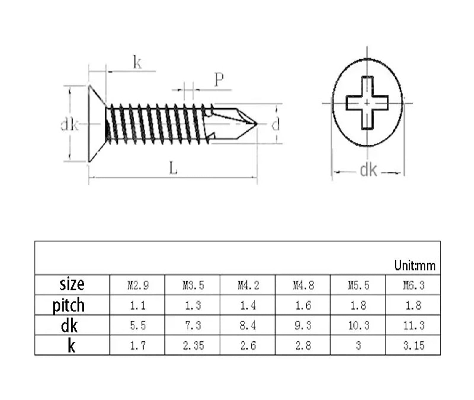 Surtido de tornillos para madera, Tornillos autoperforantes de acero inoxidable 410, cabeza plana, paquete 20, M4.2-M4.8, 13-50 mm(50mm,M4.8)