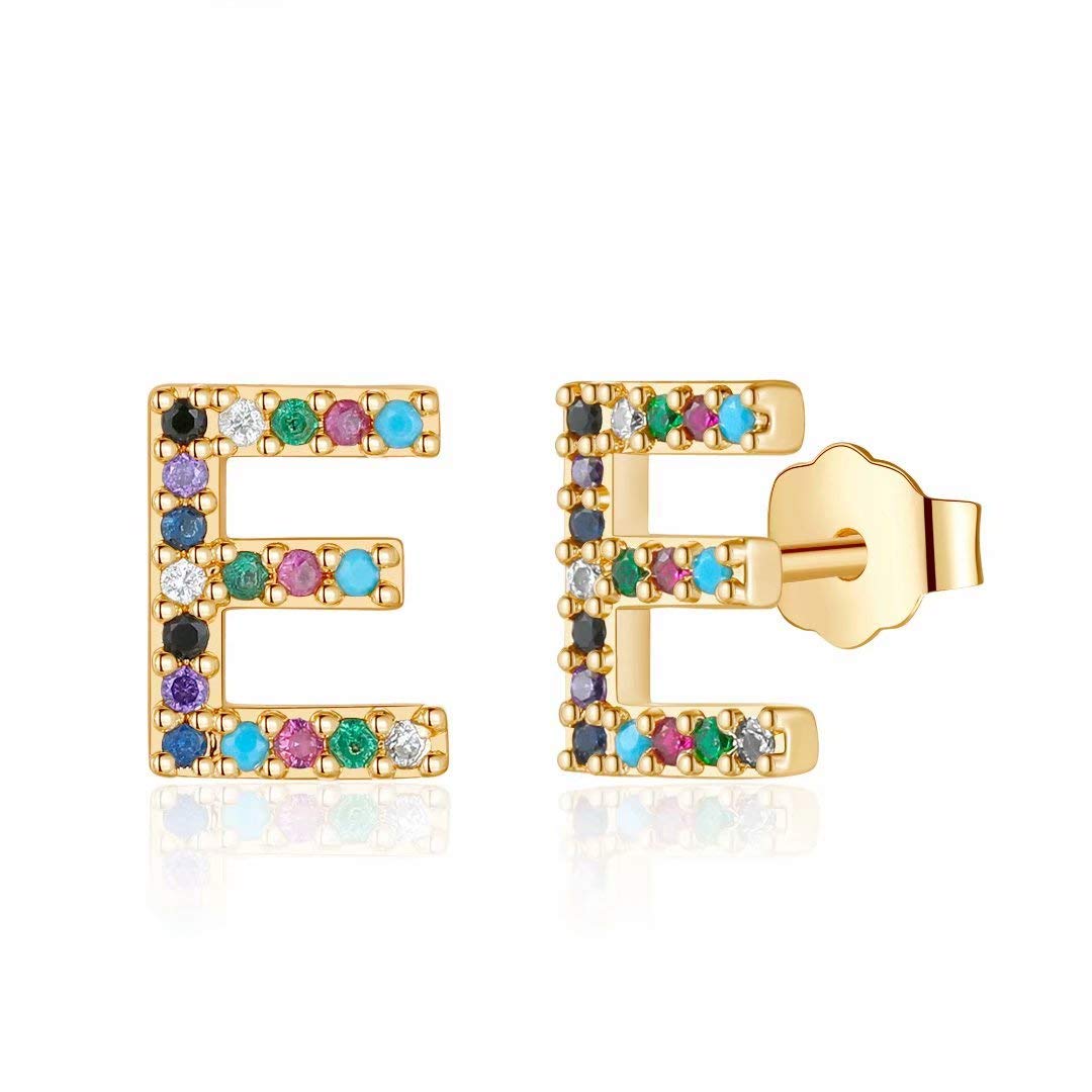 MemorjewInitial Stud Earrings for Girls Women, Hypoallergenic 925 Sterling Silver Post Rainbow Cubic Zirconia Gold Plated 26 Initial Earrings for Girls Women Jewelry Gifts