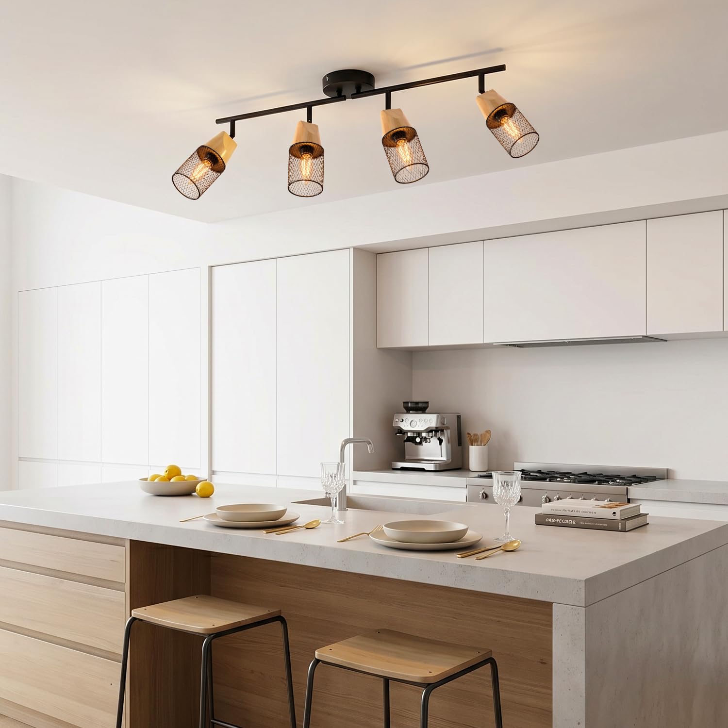 ANWIO Faretti Soffitto Orientabili, Faretti Legno Soffitto 4 Luci, Plafoniera da Parete E14 Nero, Faretto LED Interno Illuminazione per Barra, Salotto, Cameretta, Cucina, Corridoio (Senza Lampadina)