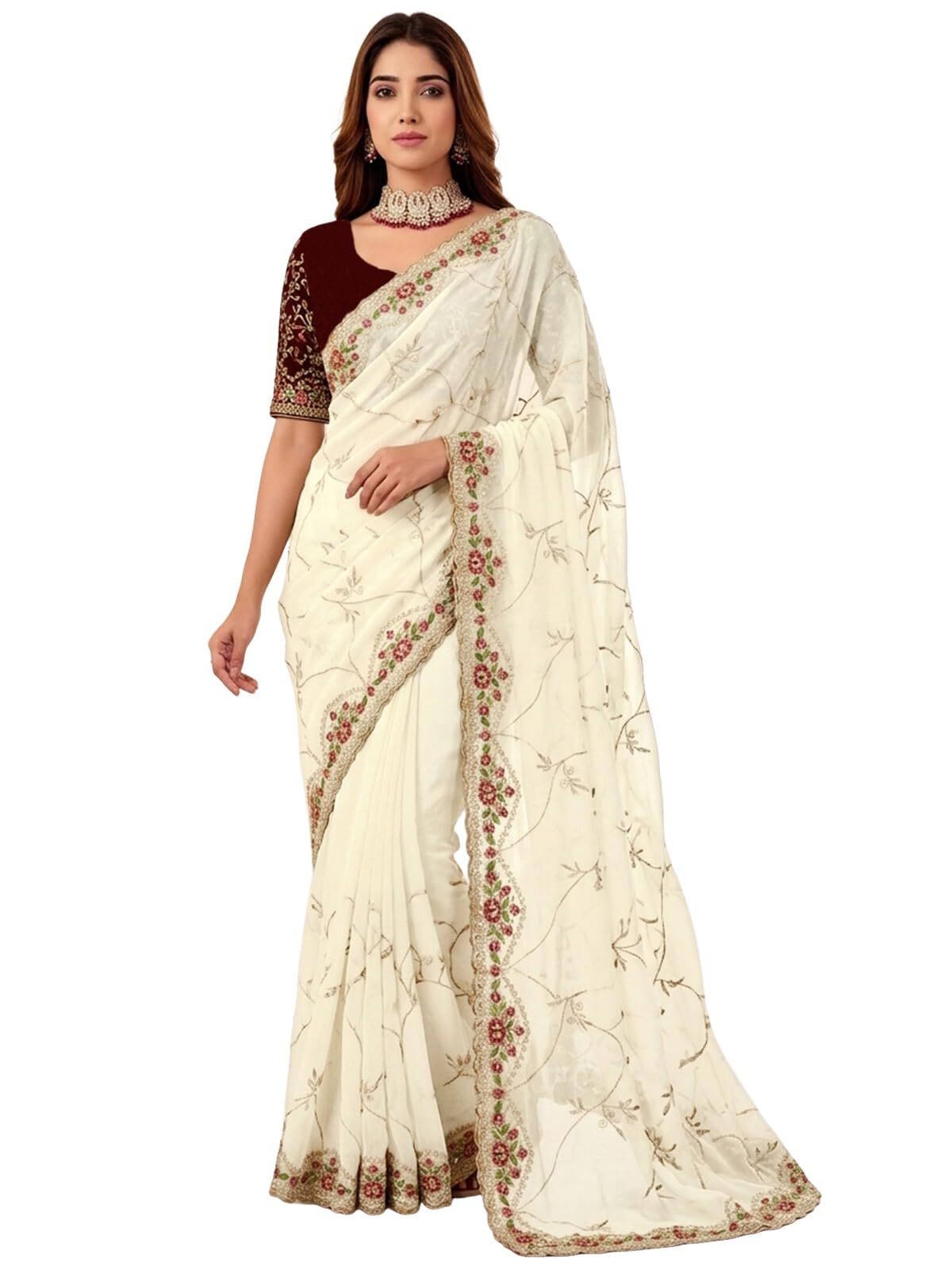 satrani Women's Embroidered Georgette Saree with Unstitched Blouse-picture-29
