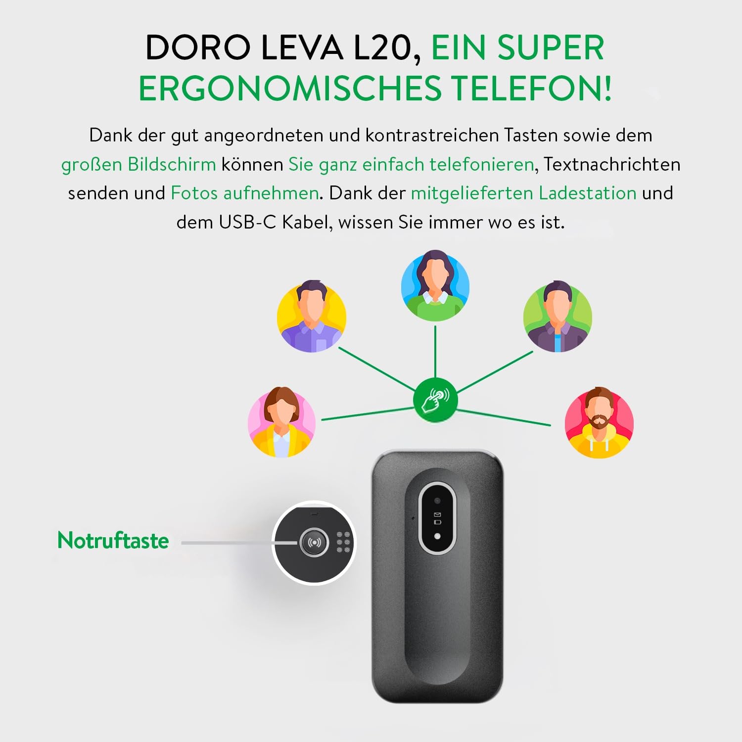 Doro Leva L20 Seniorenhandy, großes Display im Querformat – leistungsstarker HD-Sound – Kamera – Unterstützungstaste mit GPS-Ortung – Basic-Telefon ohne Internet (Schwarz & Weiß)