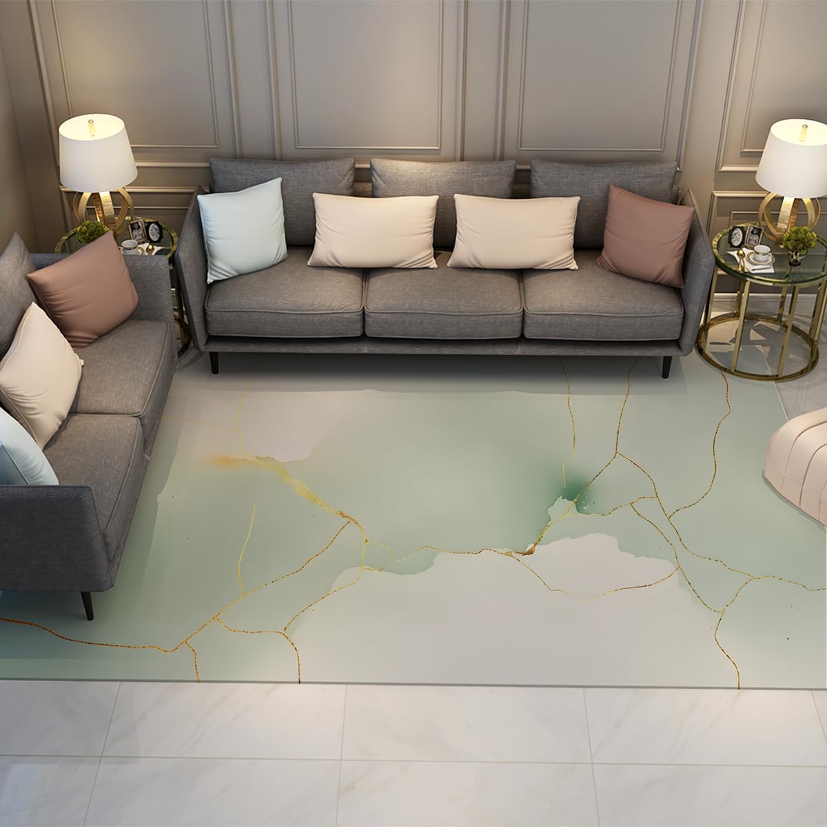 Tapis en marbre vert antidérapant contre le sol froid du salon