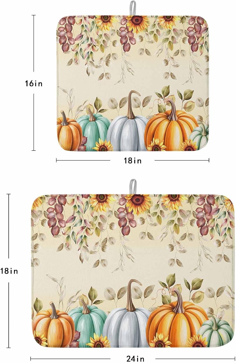 Thanksgiving Maple Leaf Dish Drying Mat for Kitchen Counter, Fall Pumpkin Eucalyptus Leaves Botanical Baby Bottle Microfiber Drying Pad, Absorbent Coffee Cup Dishes Drainer Mats 18''x24''