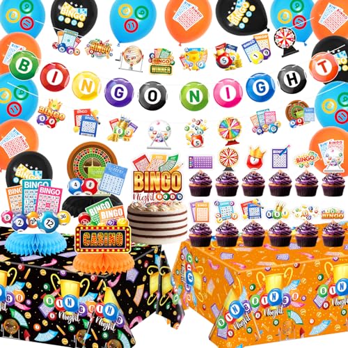 Bingo Night Decorations Bingo Party Decorations Include Banner Cake Topper Honeycomb Centerpiece Tablecloth Balloon for Game Night Party Supplies