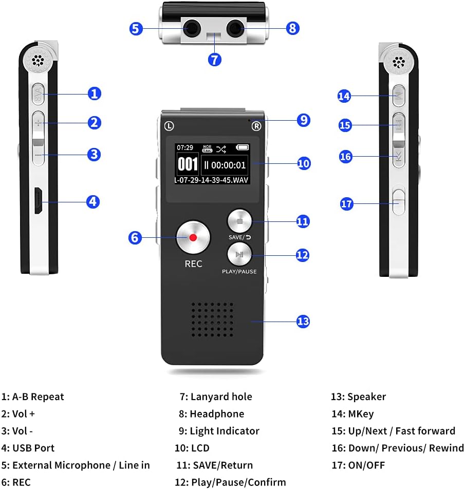 Digital Voice Recorder 16GB Voice Recorder with Playback for Lectures - USB Rechargeable Dictaphon Upgraded Small Tape Recorder : Electronics