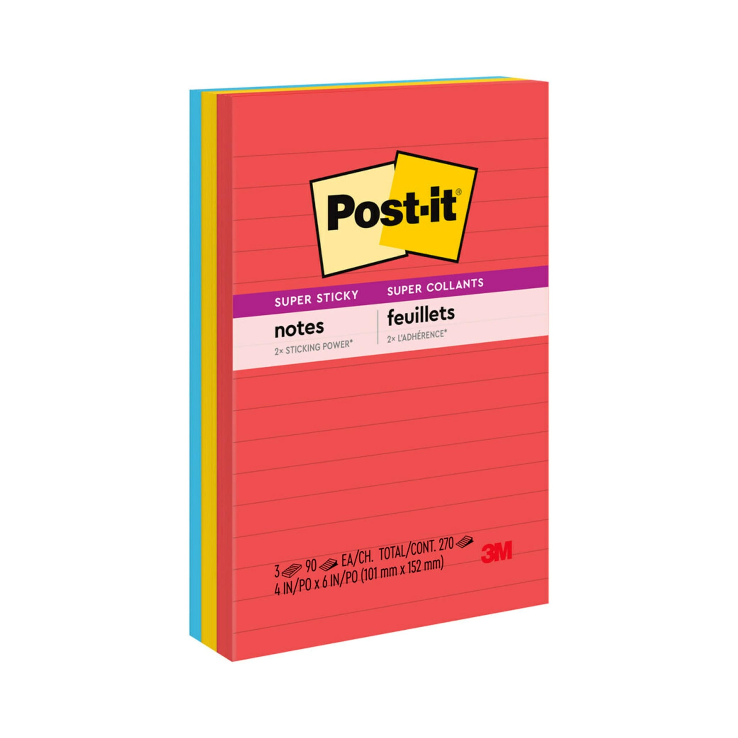 Post-it Super Sticky linierte Notizblöcke, 3 Haftnotizblöcke, 10,2 x 15,2 cm, Schulbedarf und Büroprodukte, ideal für Lehrbücher, Notizbücher, Wände und vertikale Oberflächen, Playful Primaries | Schulbedarf und Bürobedarf, 2-fache Haftkraft