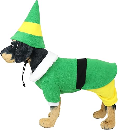 Miniatura 4 de Disfraz de duende de perro de Navidad con sombrero, disfraz de perro de Buddy el elfo para cosplay, abrigo cálido de invierno (XXX-Large)