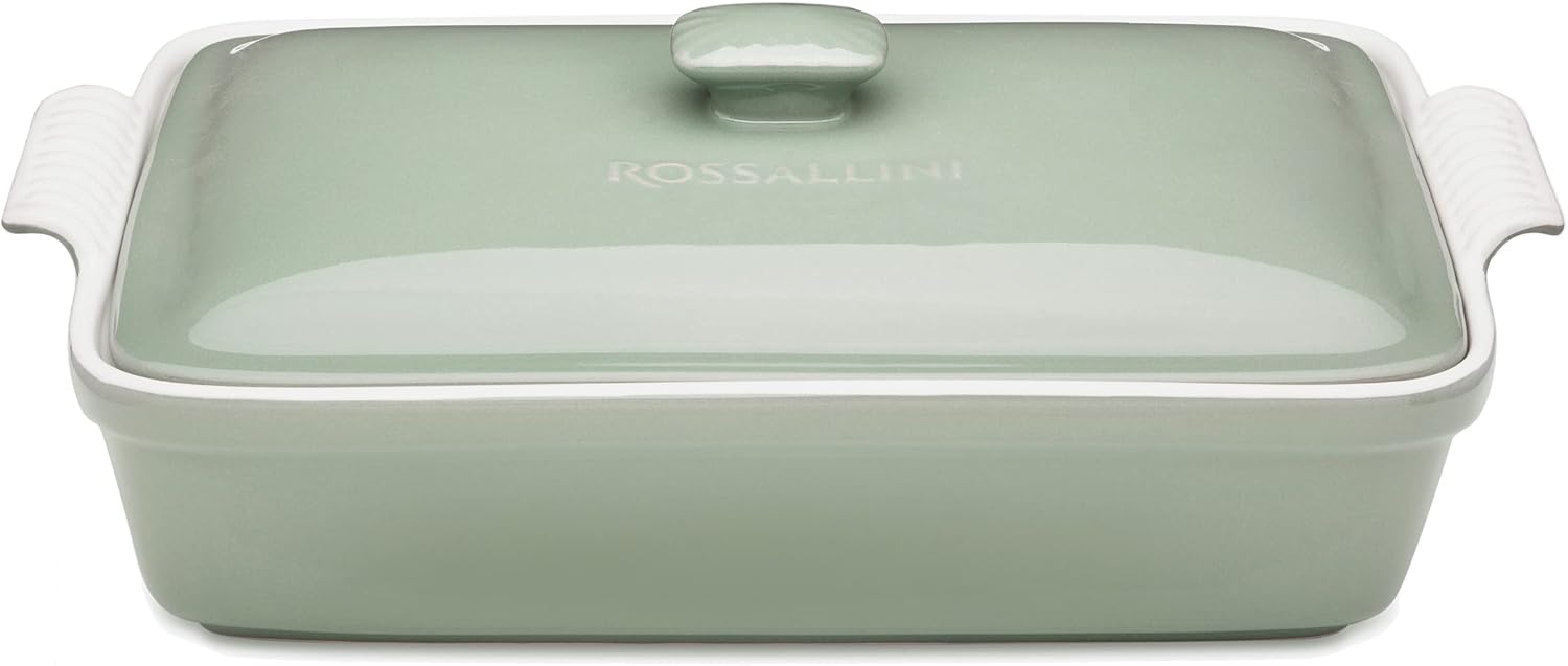 Stoneware Casserole Dish Bakeware Set with Lid, Covered Rectangular Dinnerware, Extra Large 4.23 Quart, 13 by 9 Inch, Verde Salvia [Sage Green]